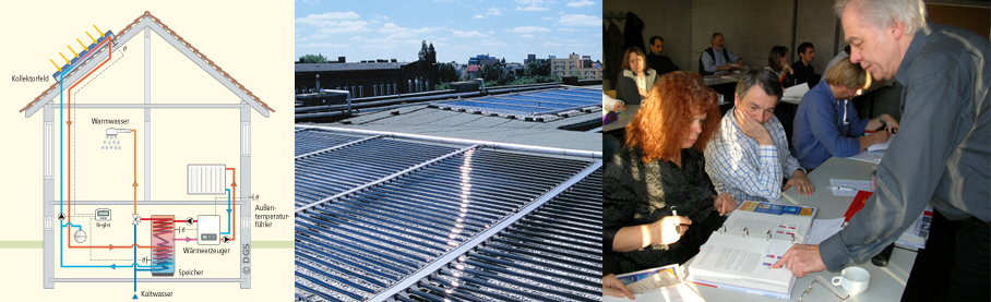 Grafik Solaranlage zur Trinkwassererwärmung, Foto Große solarthermische Dachanlage und Schulung